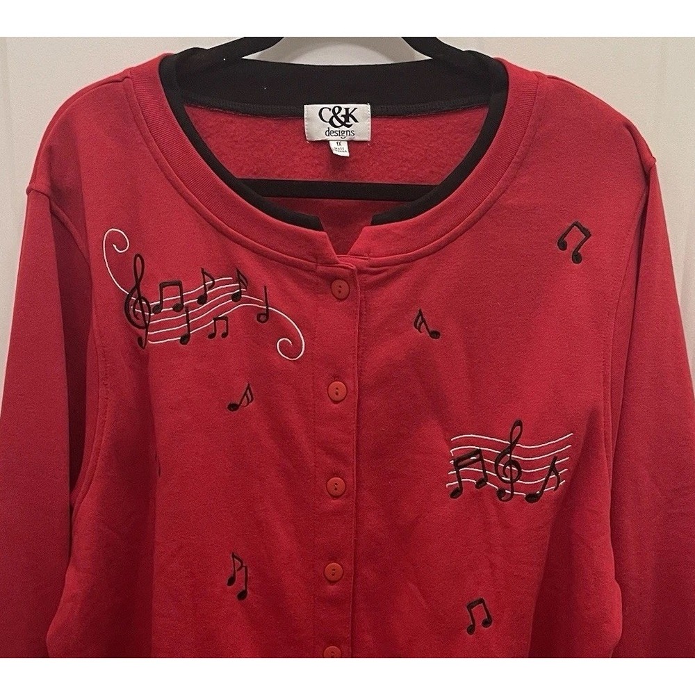 C&K Designs Music Notes Red Fleece Cardigan Button Up Jacket Size 1X
